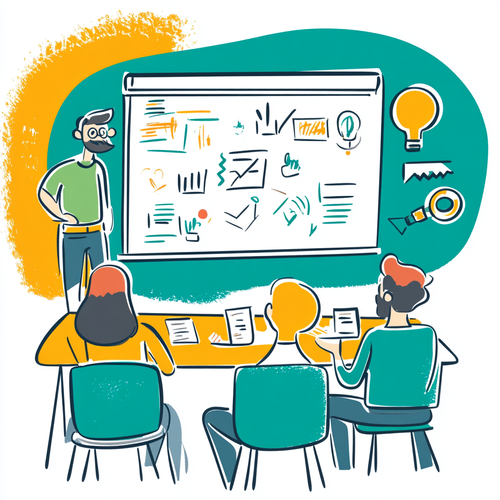 Formation animée devant un tableau avec illustrations pédagogiques